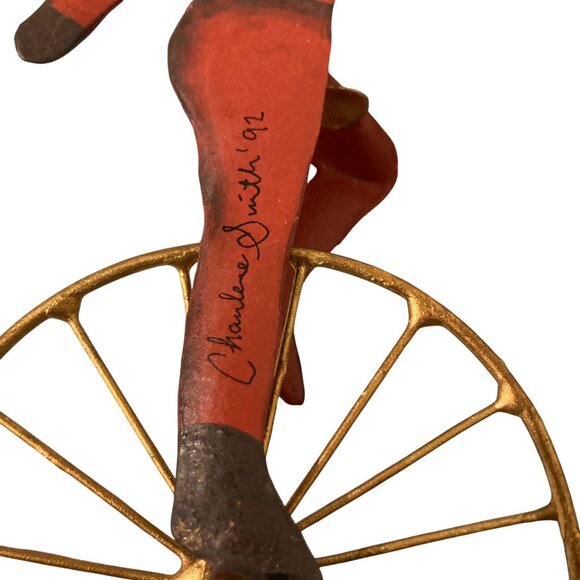 1992 Charlene Smith Signed Metal Ornament of Santa on a Unicycle Set Of 2 - Picture 3 of 4